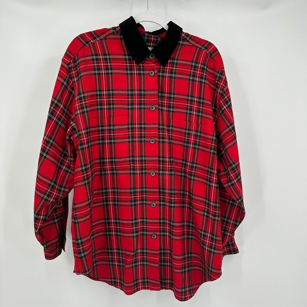 Womens Vintage Preppy Old Money Plaid Shirt Size 16 Velvet Collar Academia Red